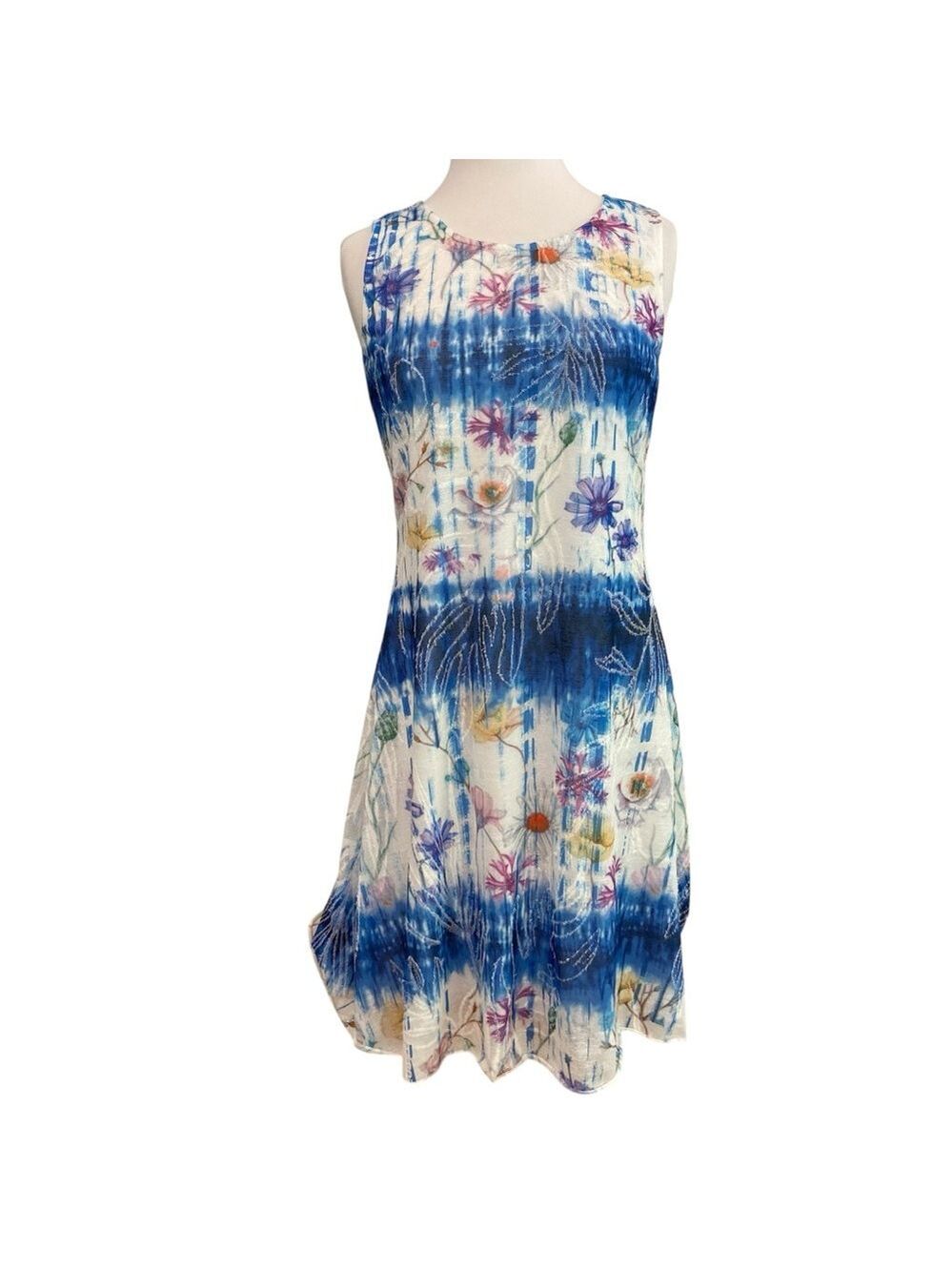 Alison Sheri  dress sleeveless white floral prints blue tie dye round medium
